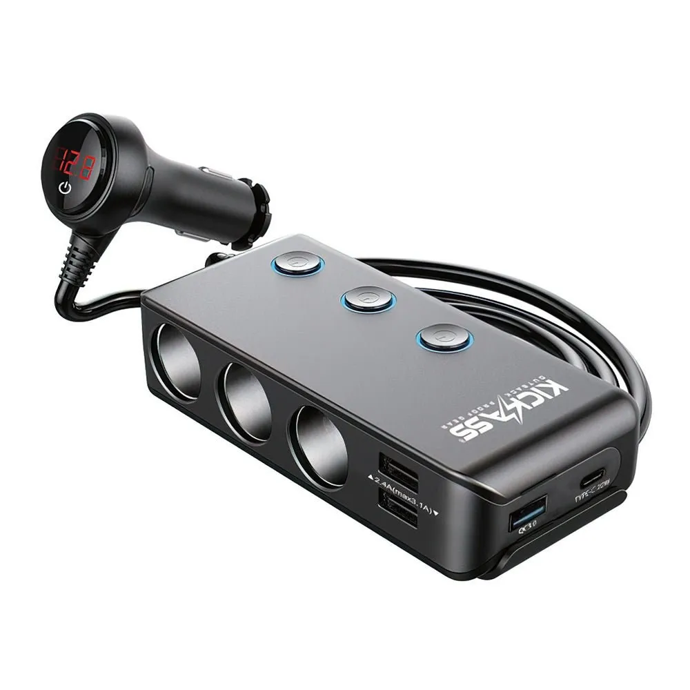 KickAss 3 Way Cigarette Socket Splitter with USB Ports
