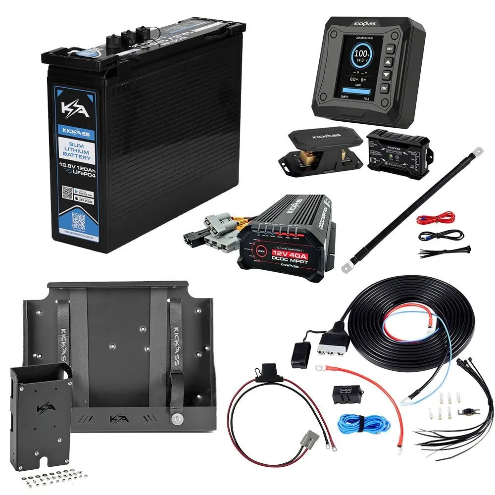 KickAss 120Ah Lithium Slimline Complete Dual Battery Kit with 25A DCDC Charger, Smart Shunt, Tray and Wiring