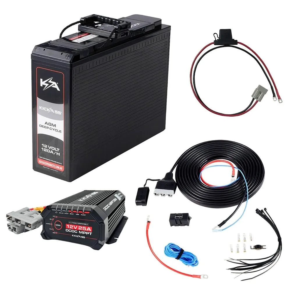 KickAss 12V 120Ah Slimline AGM Essentials Dual Battery Kit with 25A DCDC Charger, Wiring Kit and Maxi Fuse Holder
