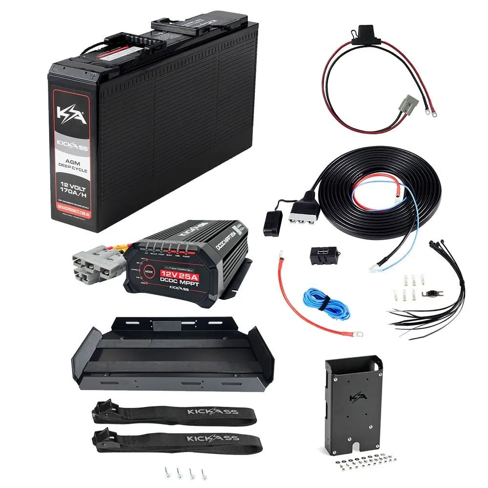 KickAss 12V 170Ah Slimline AGM Essentials Dual Battery Kit with 25A DCDC Charger, Battery Tray, Wiring Kit, Accessory Panel and Maxi Fuse Holder