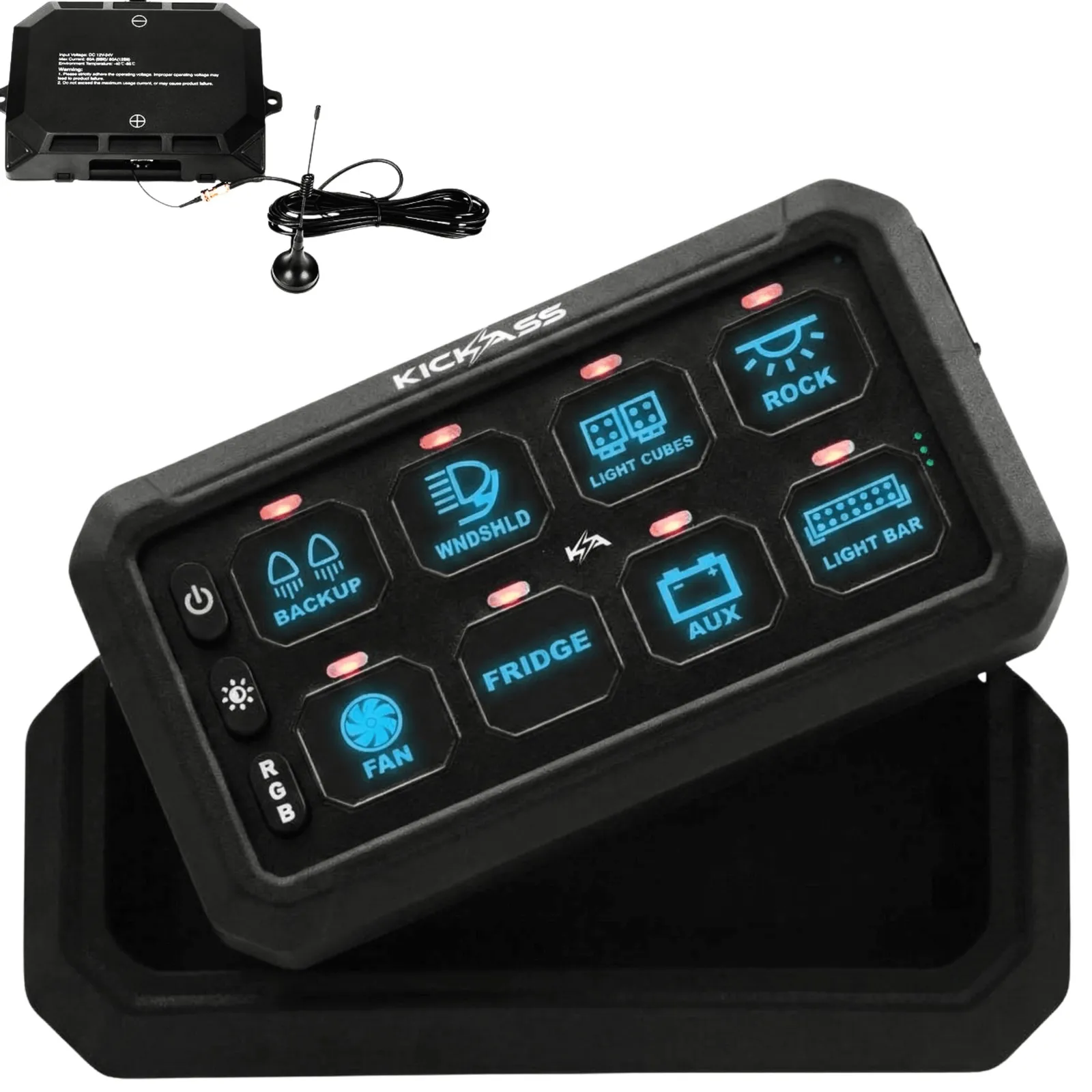KickAss 12V/24V 8 Gang Wireless Switch Panel with Magnetic Charging Cradle - MKII